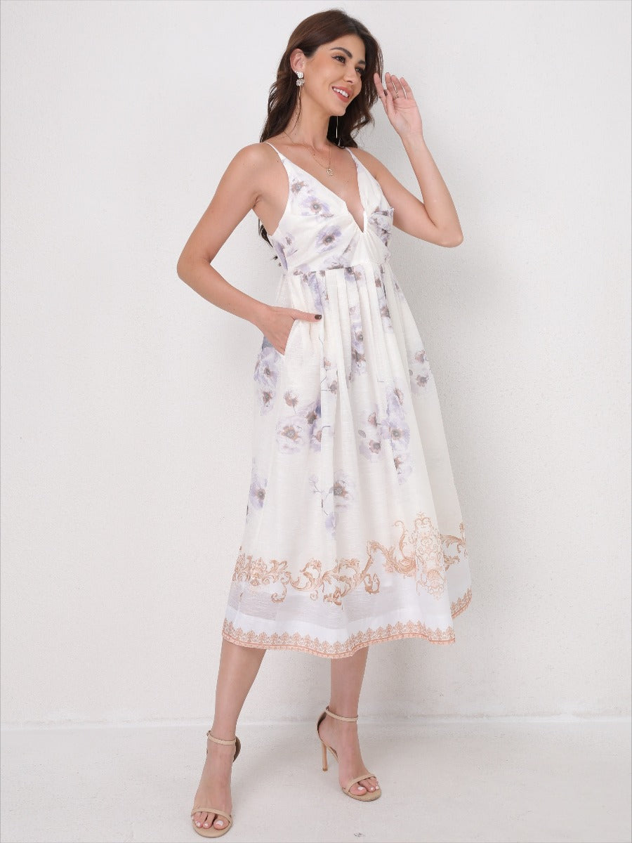 Vintage Printed Straps V-Neck Beach Maxi Dress