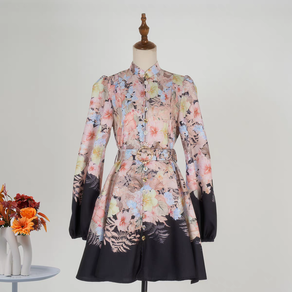 Stand Collar Printed Short Dress