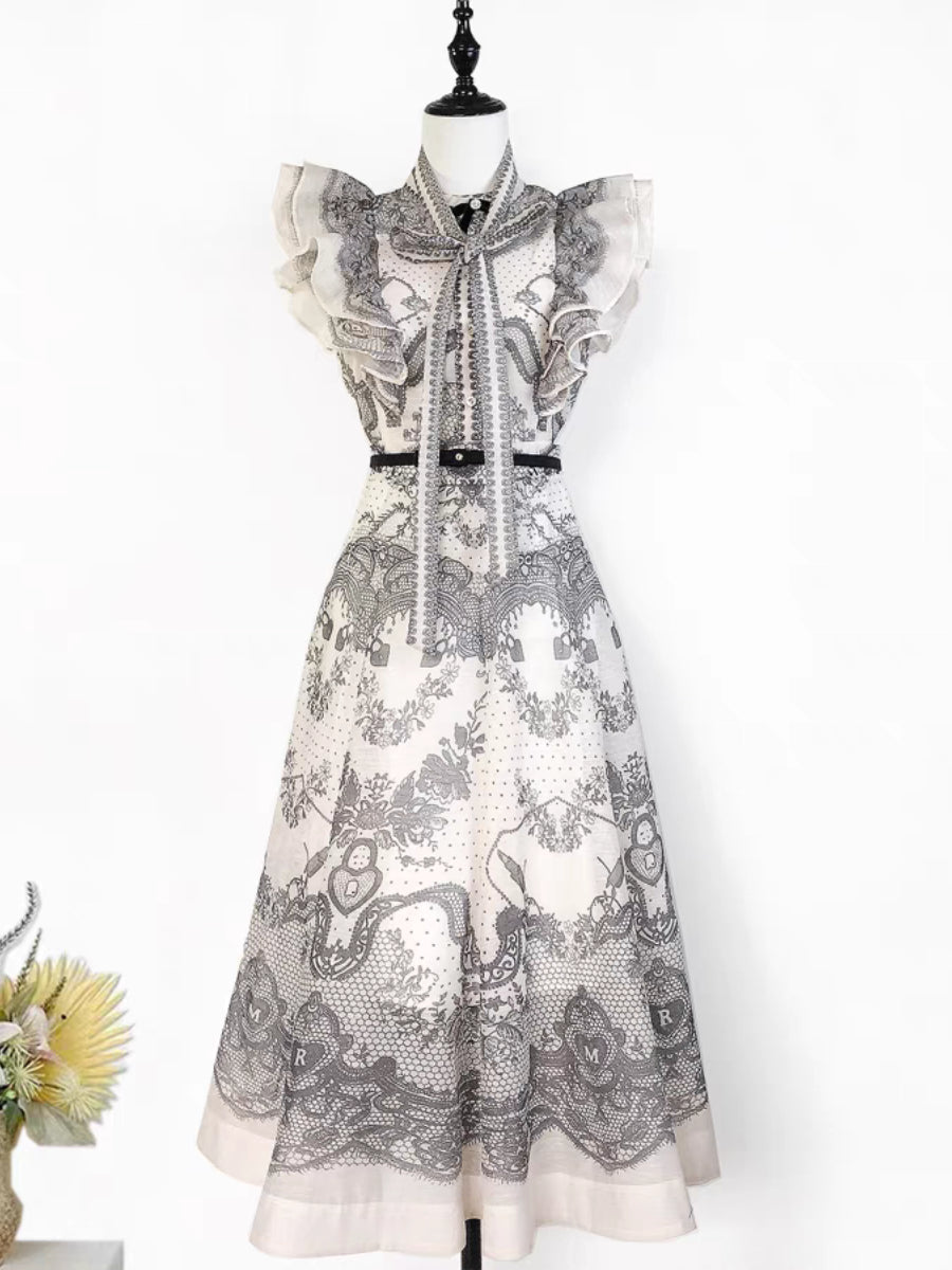 Ruffled Sleeve Top and High Waist Printed Skirt Set