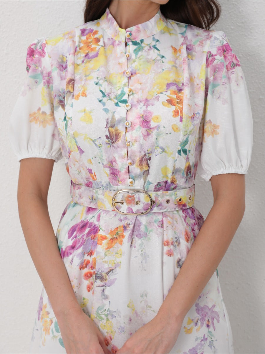 Stand Collar Lantern Sleeve Floral Prints Dresses