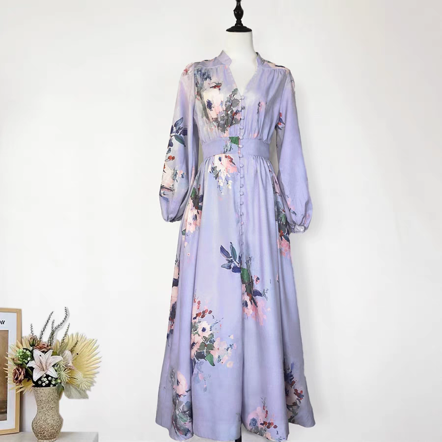 Printed V-neck Blue Long Dress