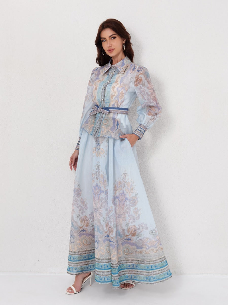Long Sleeve Printed Blouse MaxiSkirt Set