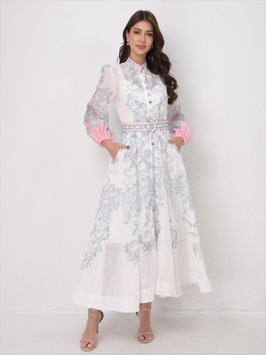 Vintage Printed Lantern Long Sleeves Elegant Dress