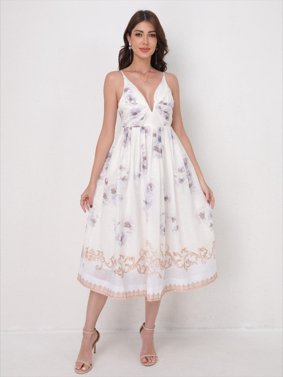 Vintage Printed Straps V-Neck Beach Maxi Dress