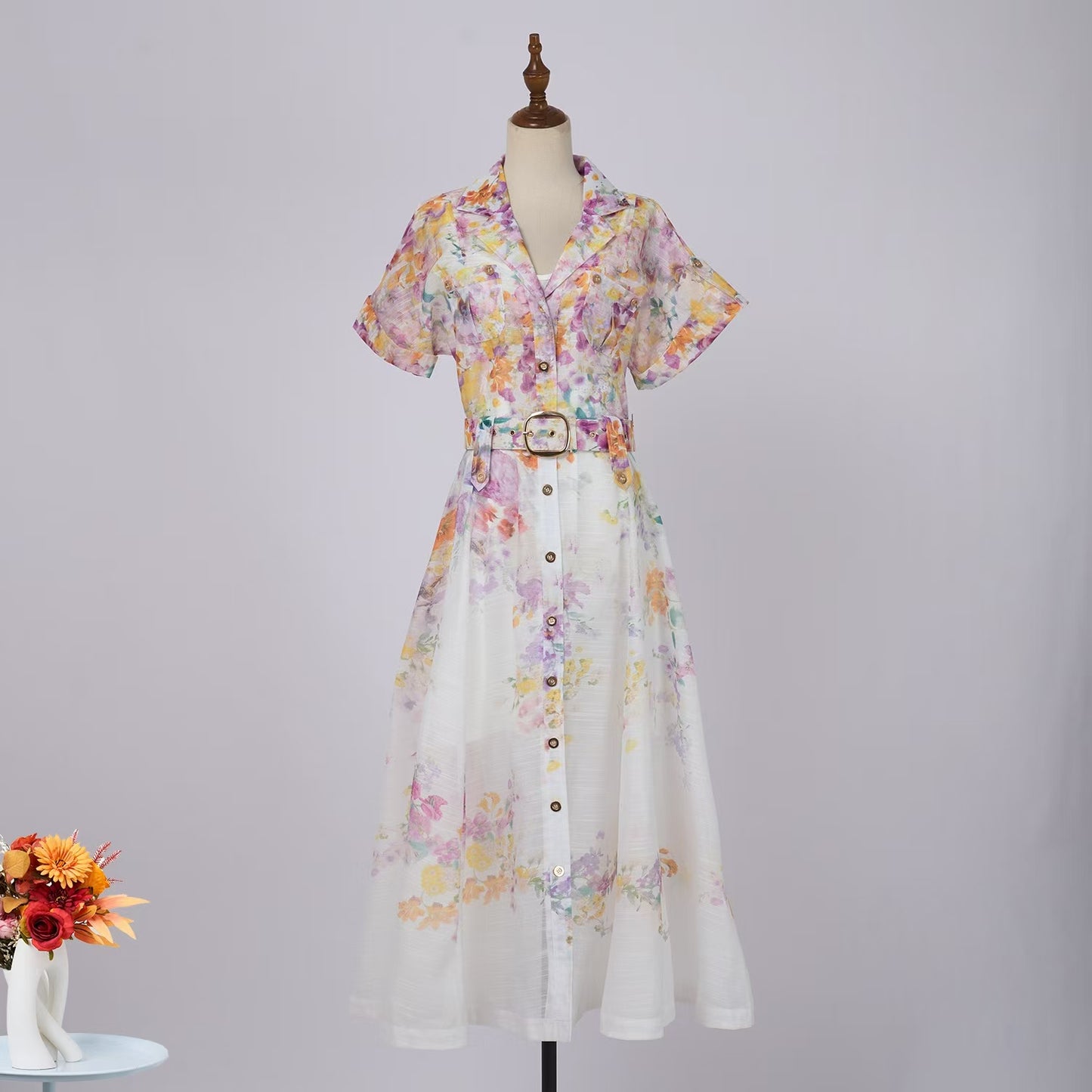 V-neck Printed Short Sleeved Dress