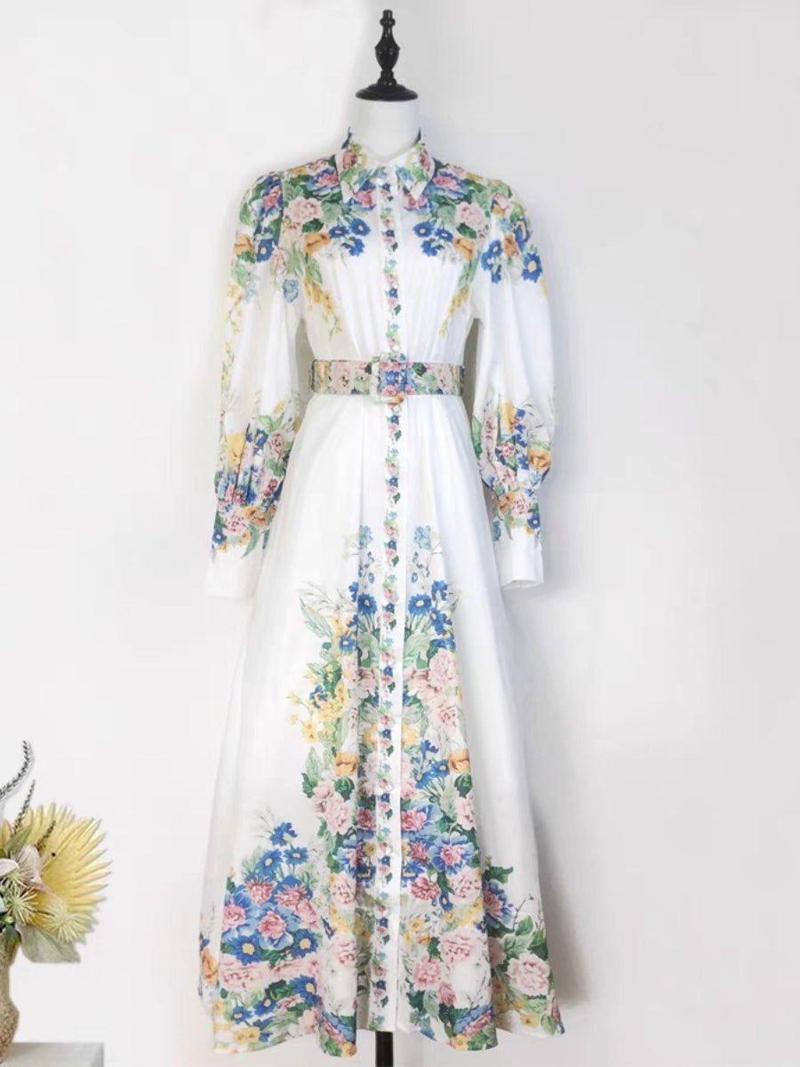 Lantern Sleeve Flower Print Dress