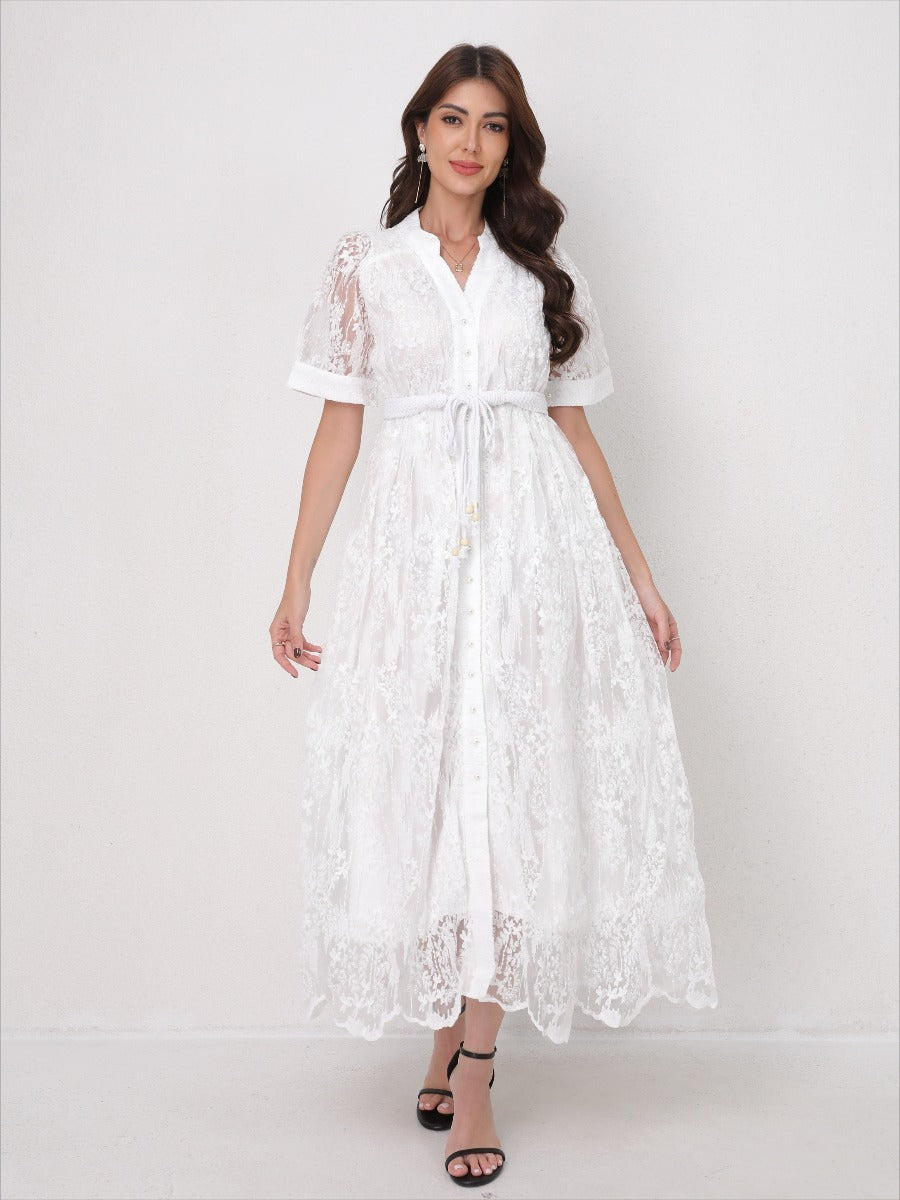 Summer Elegant V Neck Embroidery Dress