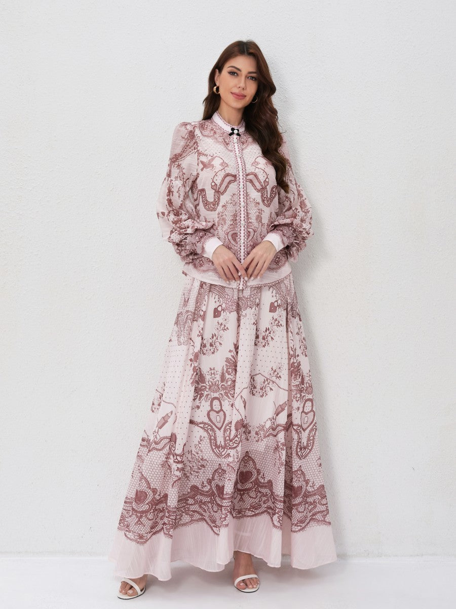 Set Stand Collar Button Top High Waist Vintage Floral Skirt