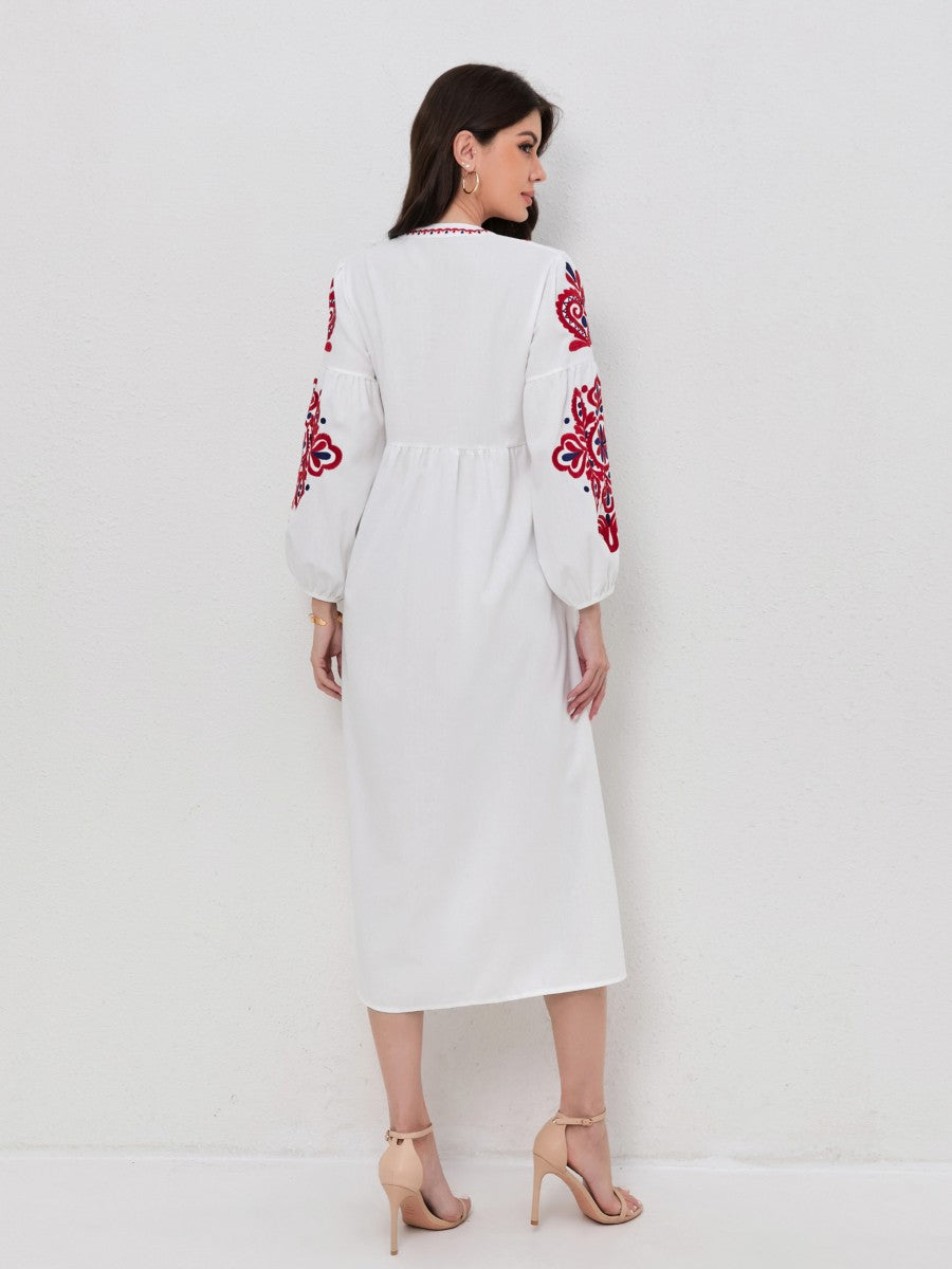 Bohemian Floral Embroidery Lantern Sleeve Dress