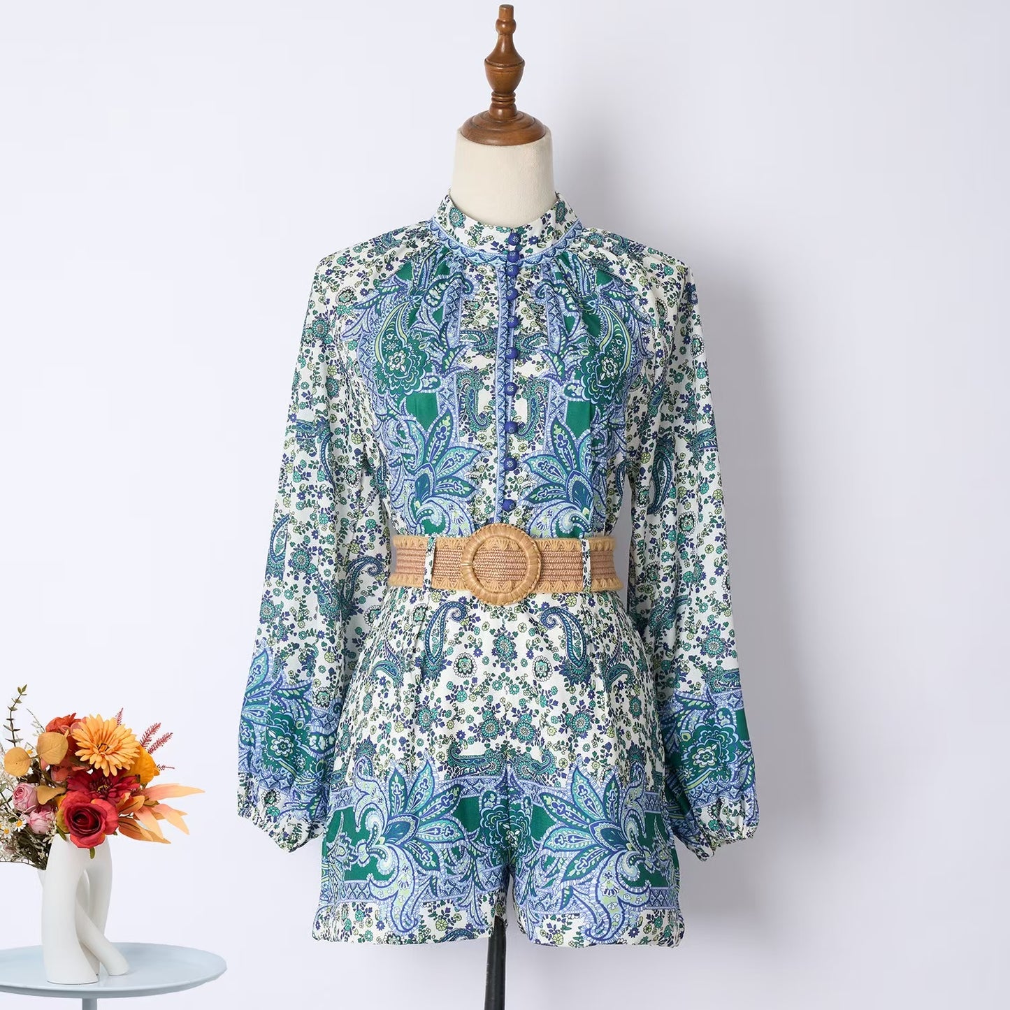Printed Stand Up Collar Single Breasted Sets