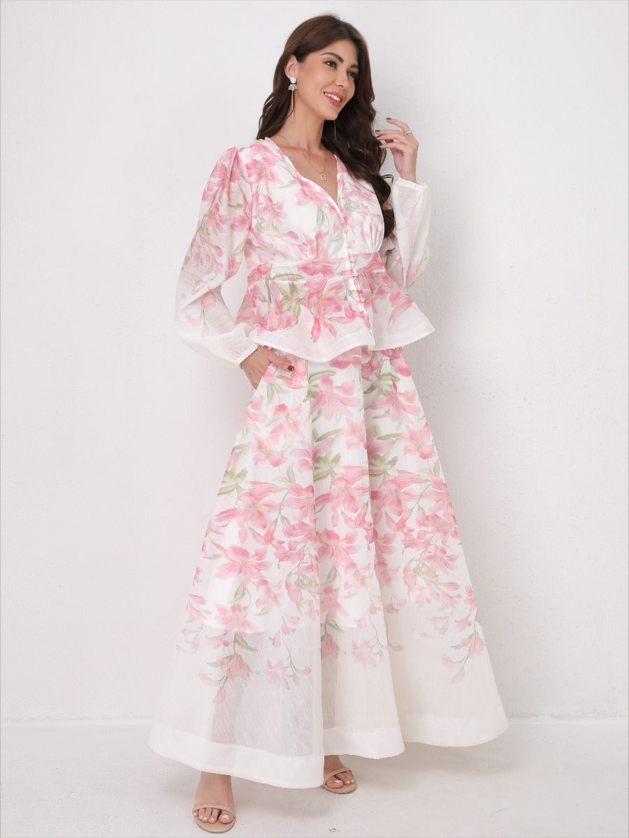 V-Neck Beaded Ruffle Top Midi Skirt Set