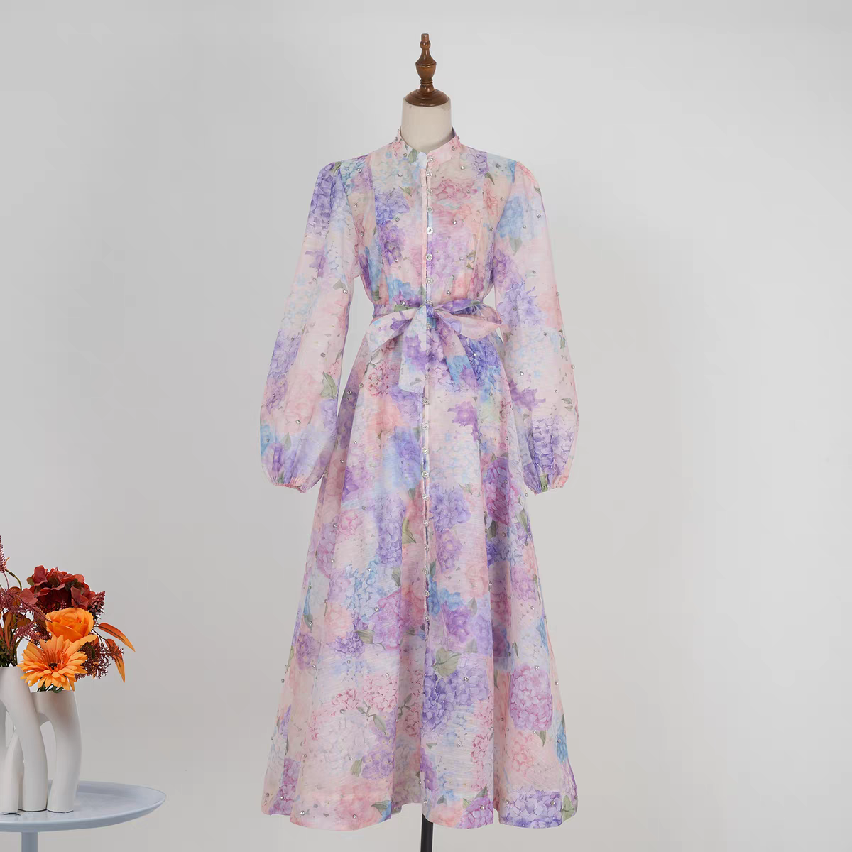 Purple Print Long Sleeve Dress