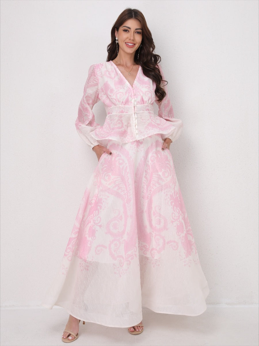 V-Neck Beaded Ruffle Top Midi Skirt Set