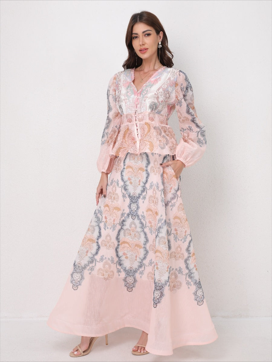 V-Neck Beaded Ruffle Top Midi Skirt Set