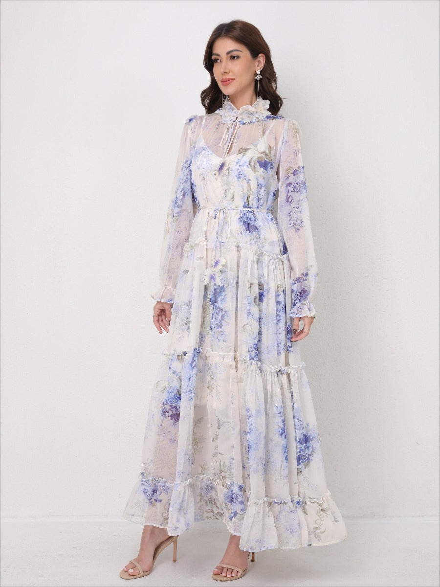 Tie-Waist Long Sleeve Flowy Maxi Dress