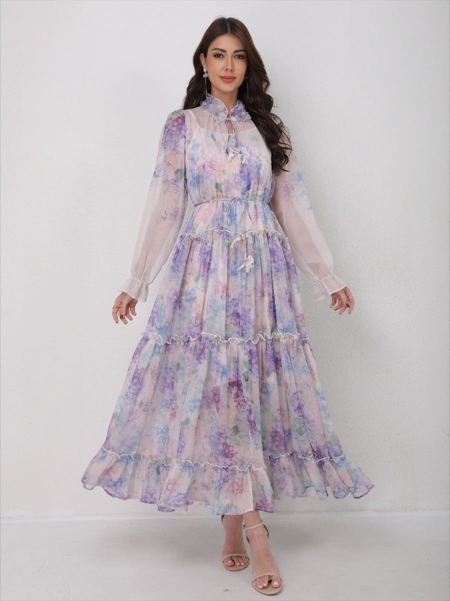 Tie-Waist Long Sleeve Flowy Maxi Dress