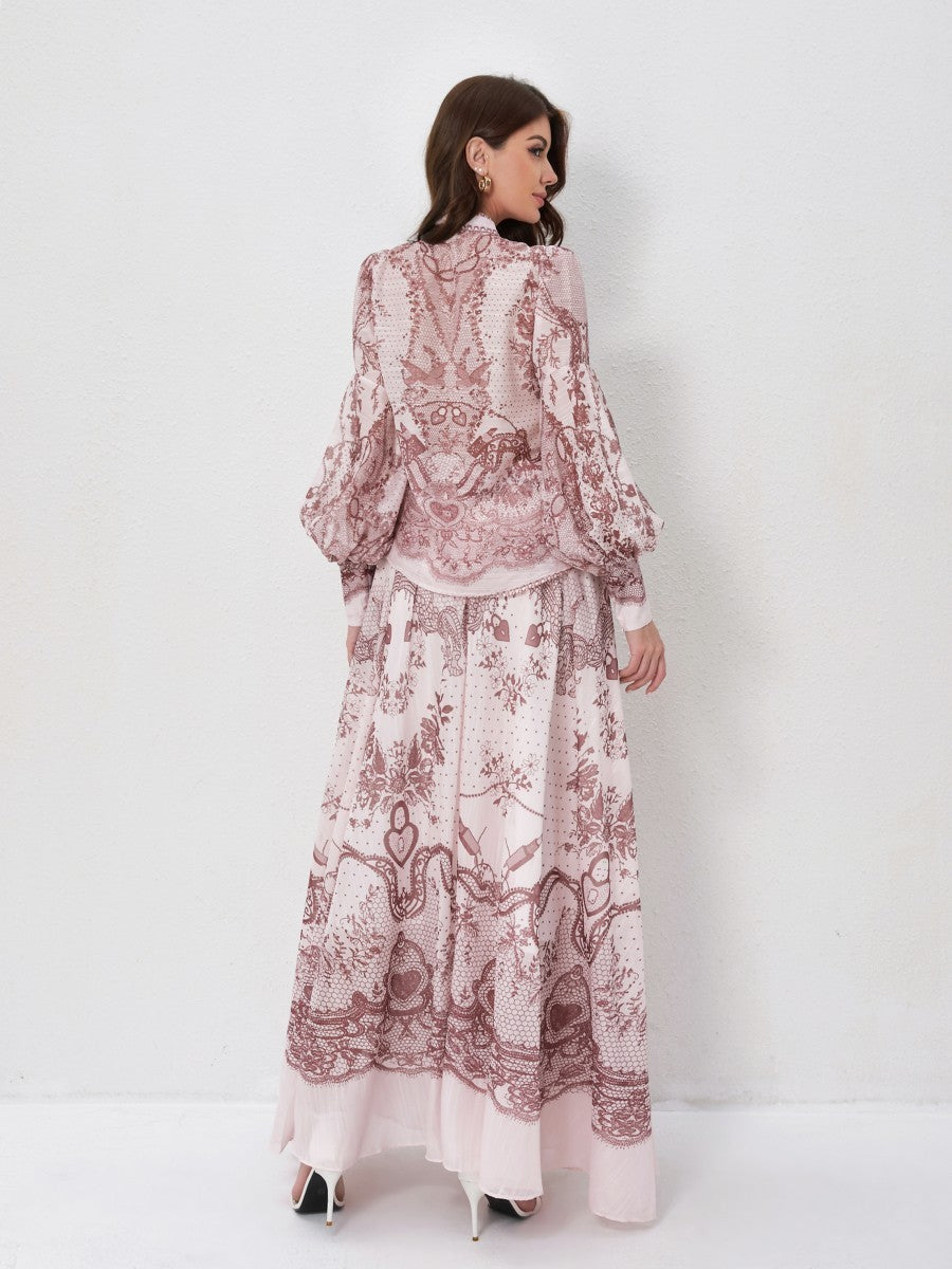 Set Stand Collar Button Top High Waist Vintage Floral Skirt