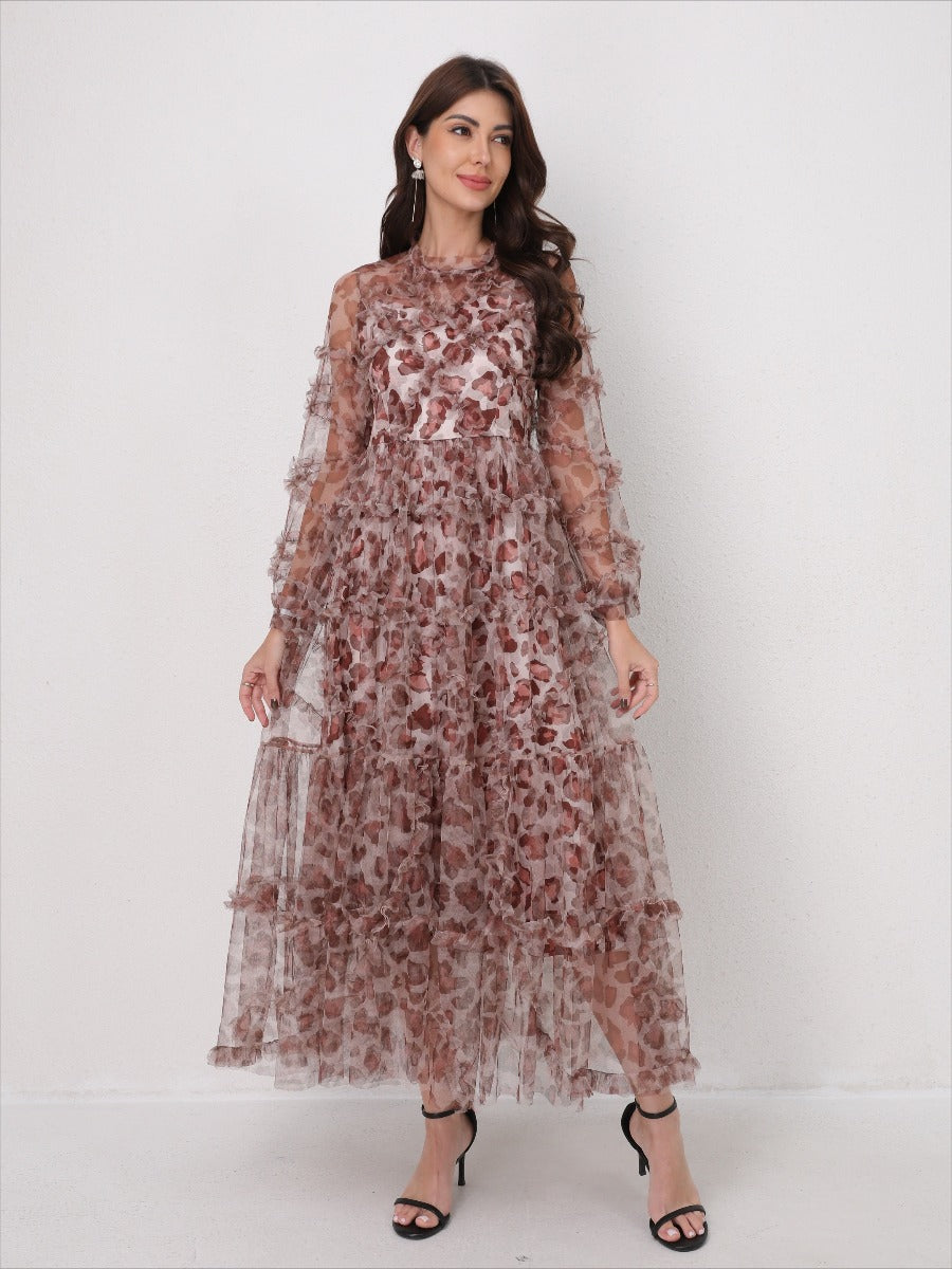 Romantic Tulle Print Ruffled Maxi Dress