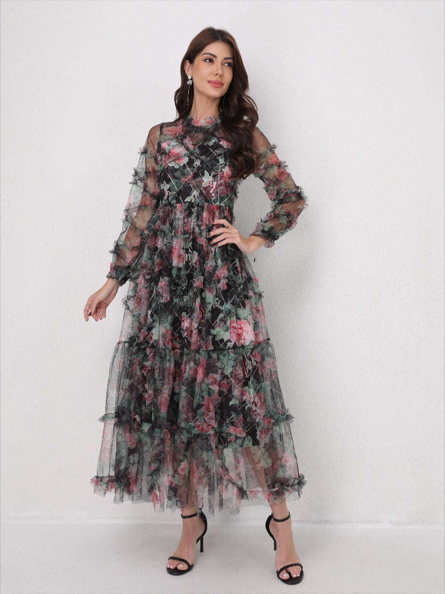 Romantic Tulle Print Ruffled Maxi Dress