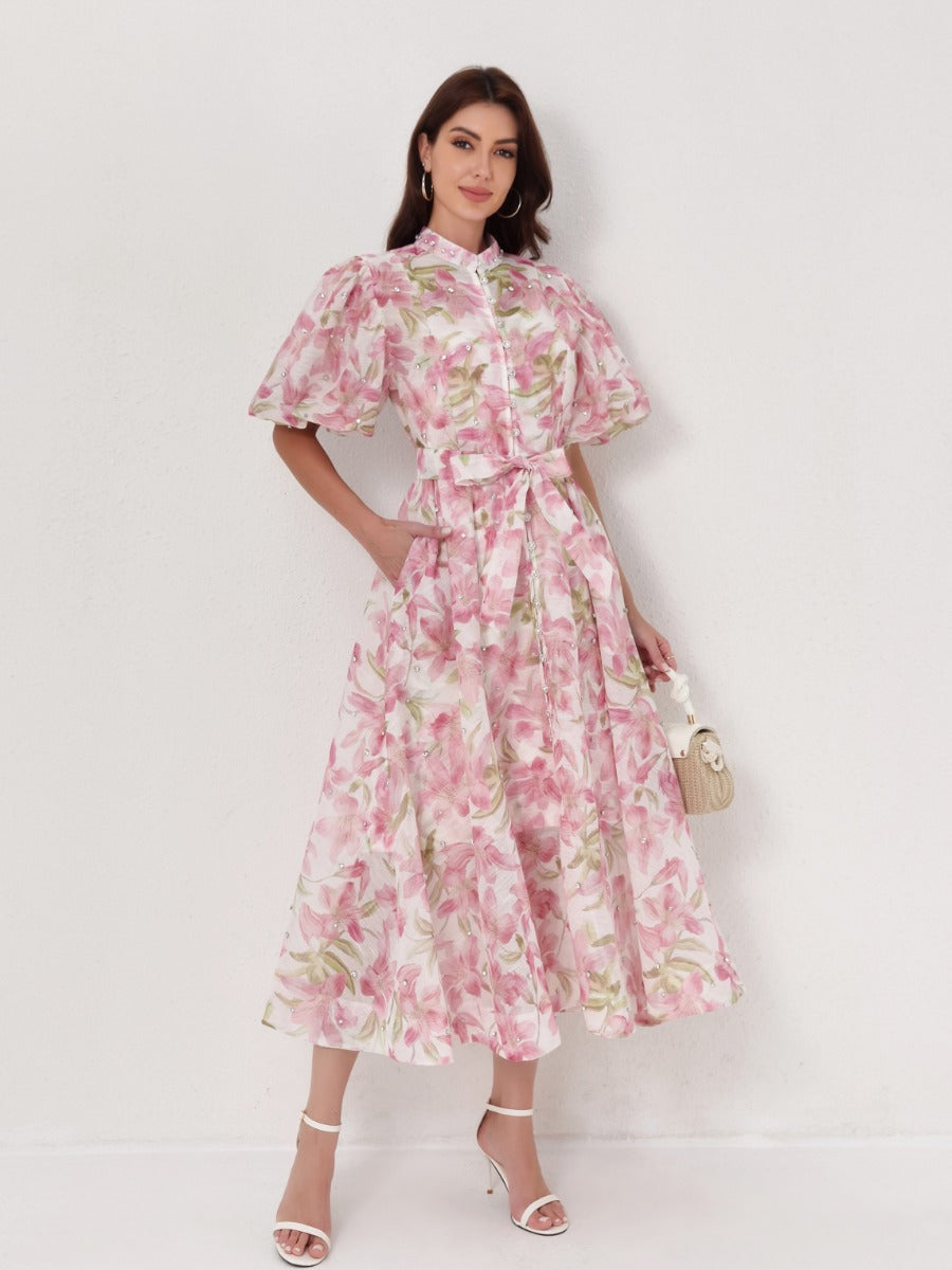 Beaded Short Sleeve Single-Breasted Dresses