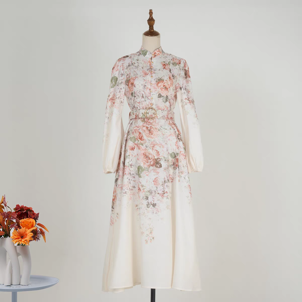Pink Flower Stand Collar Lantern Sleeve Dress