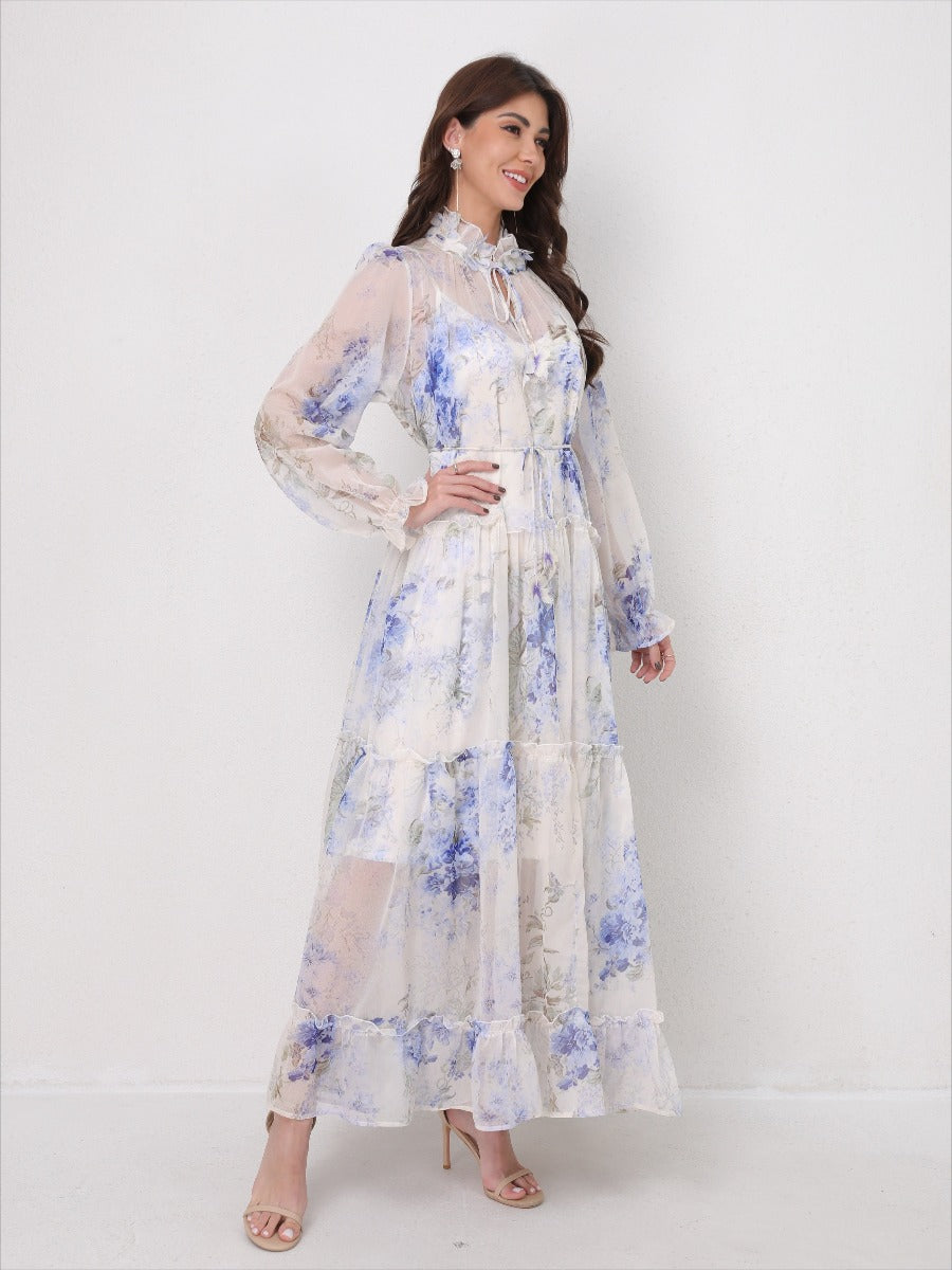 Tie-Waist Long Sleeve Flowy Maxi Dress