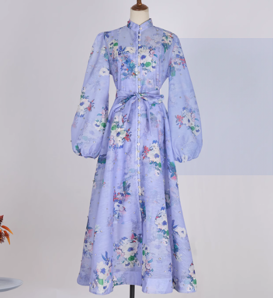 Starry Nail Diamond Single Breasted Printed Dress