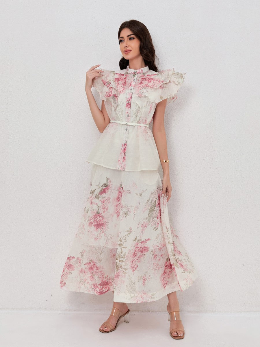 Stand Collar Blouse with Ruffled Sleeves Flowy Printed Skirt Set