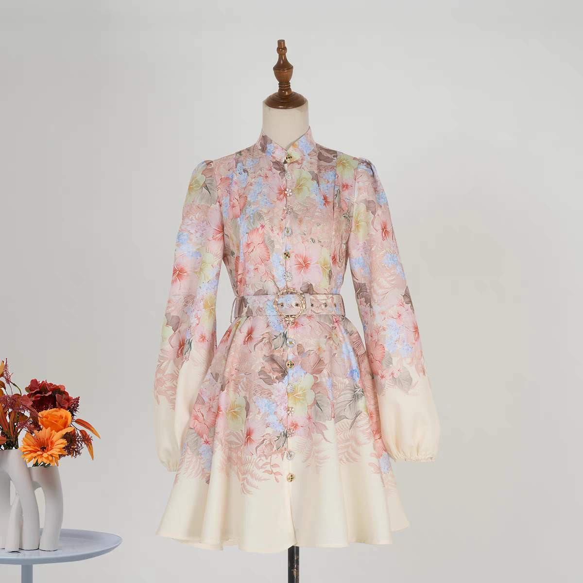 Stand Collar Printed Short Dress