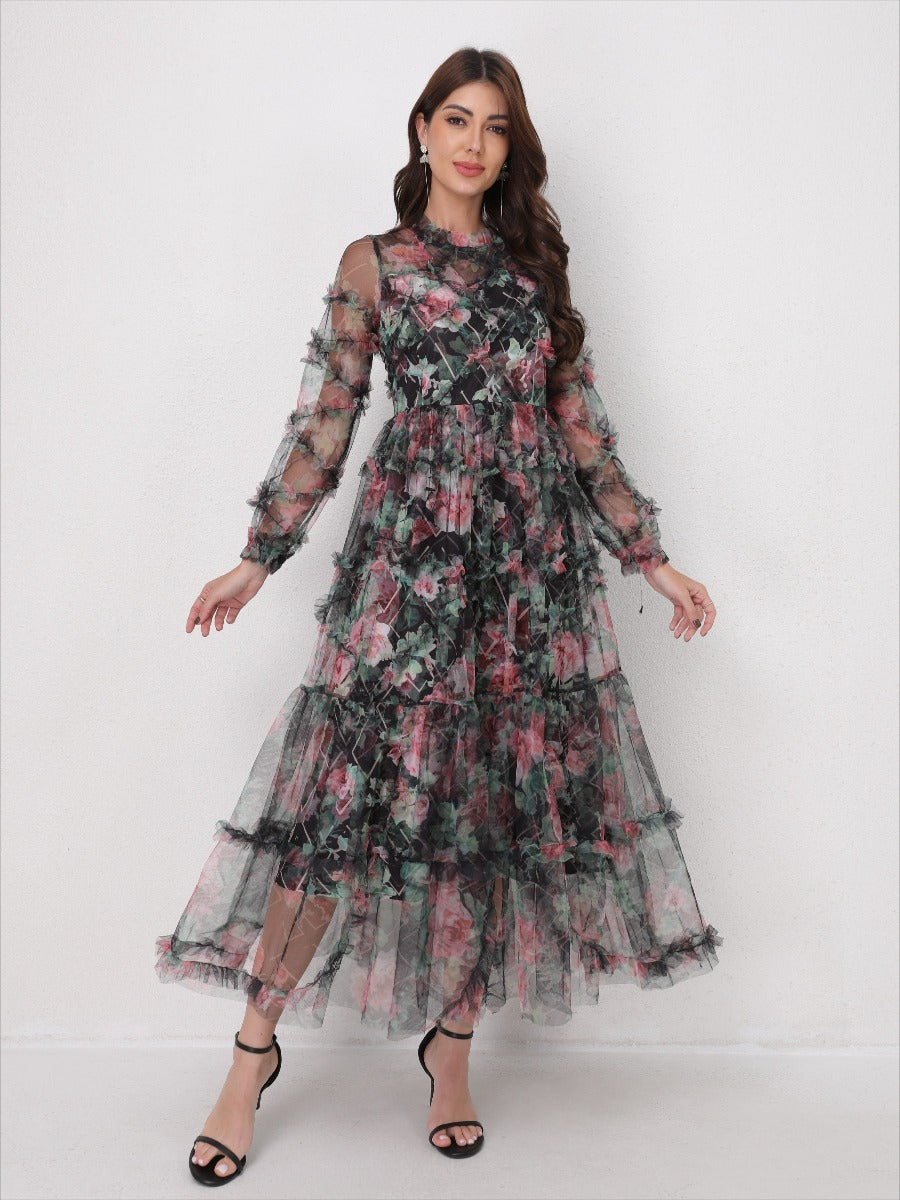 Romantic Tulle Print Ruffled Maxi Dress