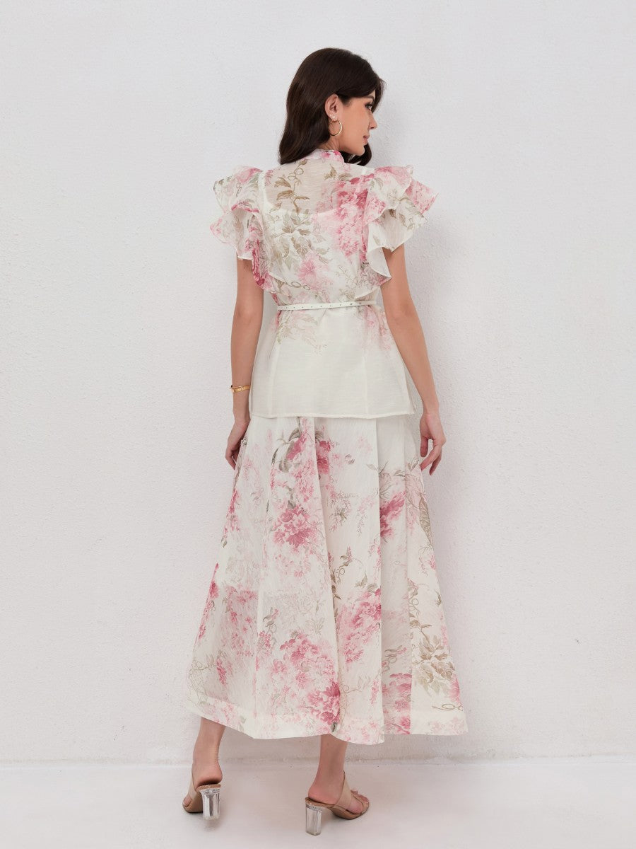 Stand Collar Blouse with Ruffled Sleeves Flowy Printed Skirt Set