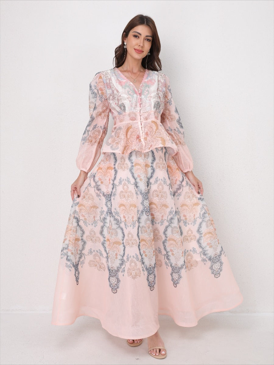 V-Neck Beaded Ruffle Top Midi Skirt Set