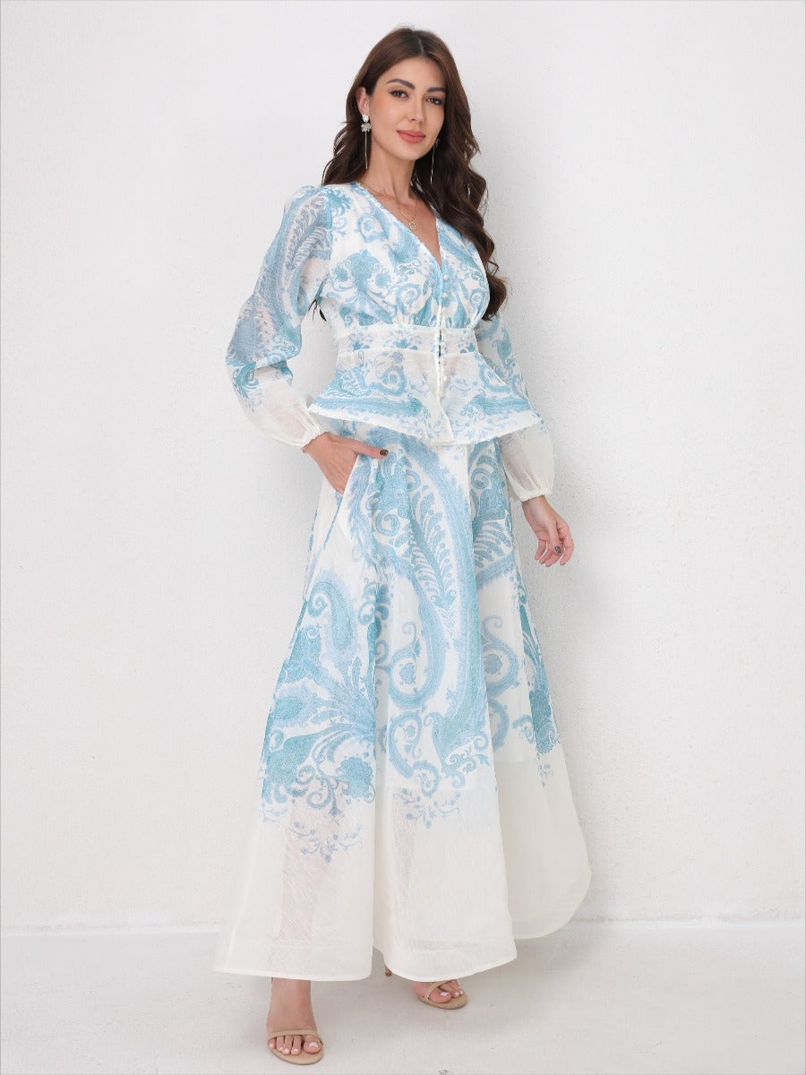 V-Neck Beaded Ruffle Top Midi Skirt Set
