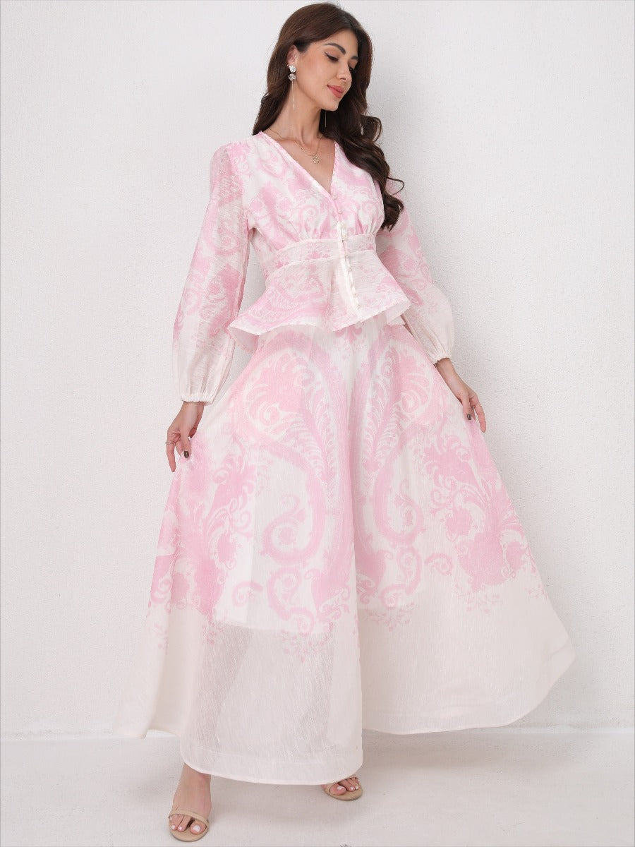 V-Neck Beaded Ruffle Top Midi Skirt Set