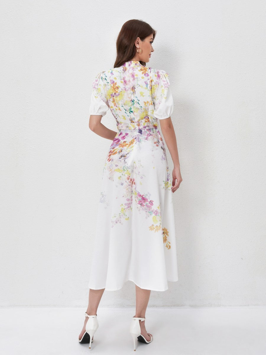 Stand Collar Lantern Sleeve Floral Prints Dresses
