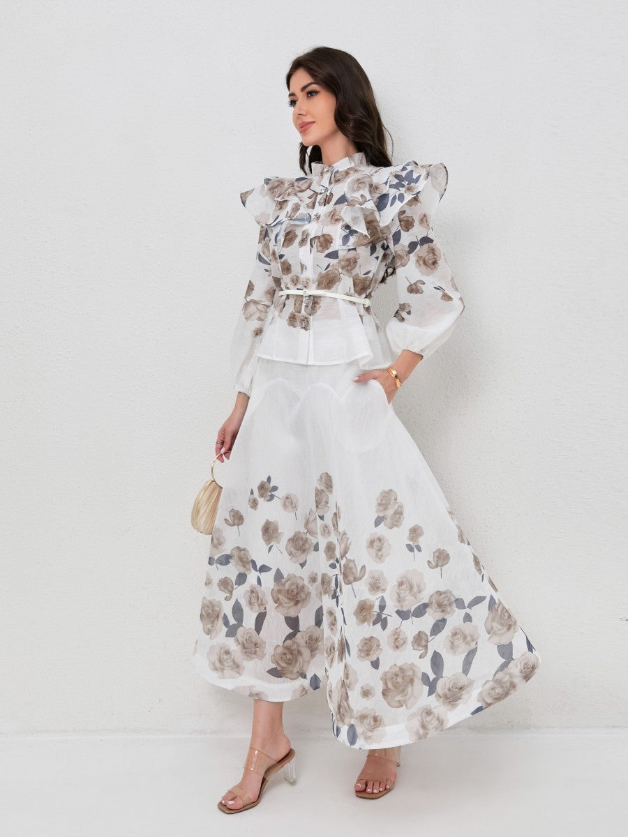 Ruffled Lantern Sleeve Print Blouse Maxi Skirt Set