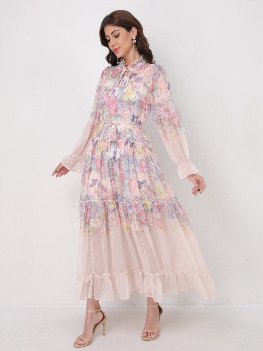 Tie-Waist Long Sleeve Flowy Maxi Dress
