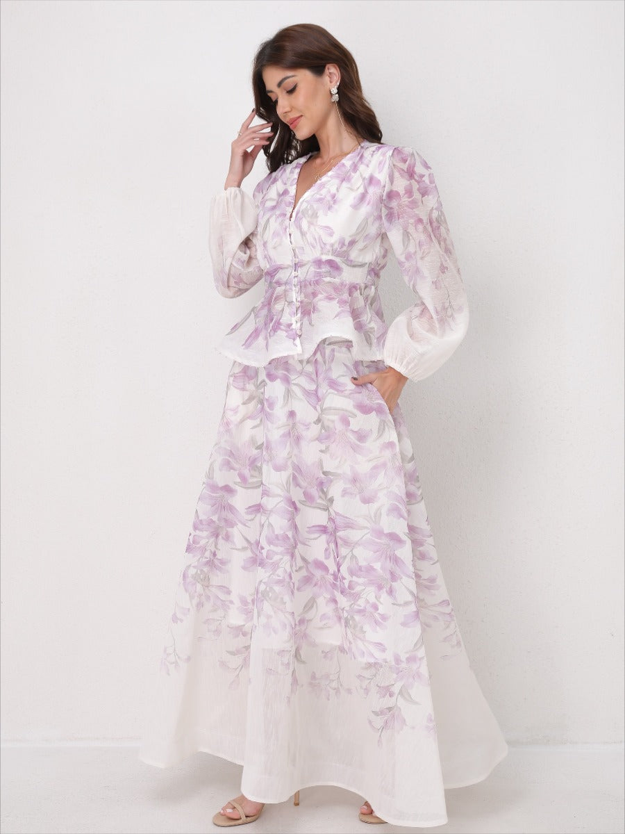 V-Neck Beaded Ruffle Top Midi Skirt Set
