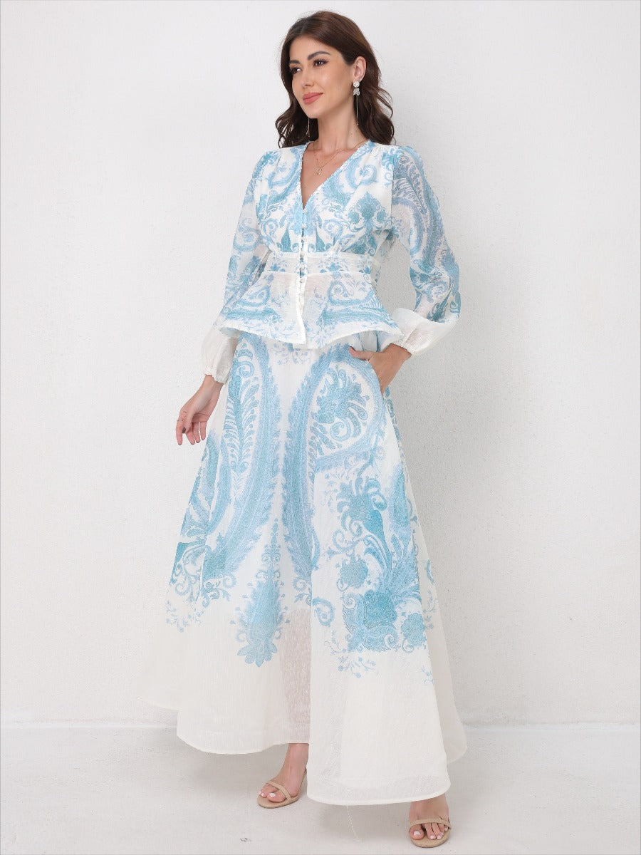 V-Neck Beaded Ruffle Top Midi Skirt Set