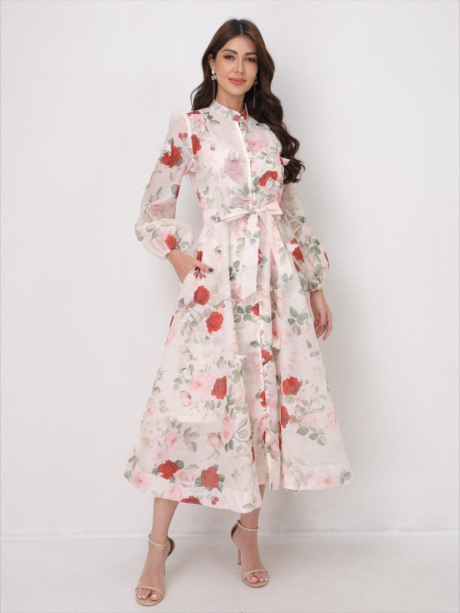 Single Breasted Long Sleeve Florals Maxi Dress