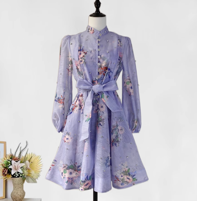 Lantern Sleeve Retro Flower Print Short Dress