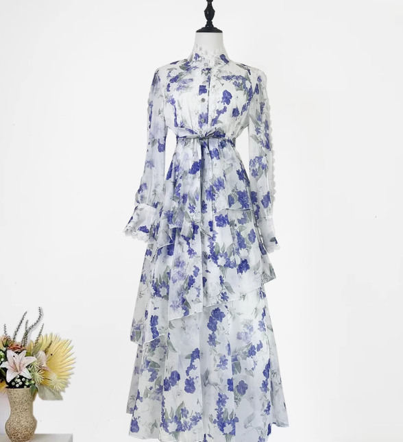 Lace Patchwork Flower Print Cinching Mid Length Dress