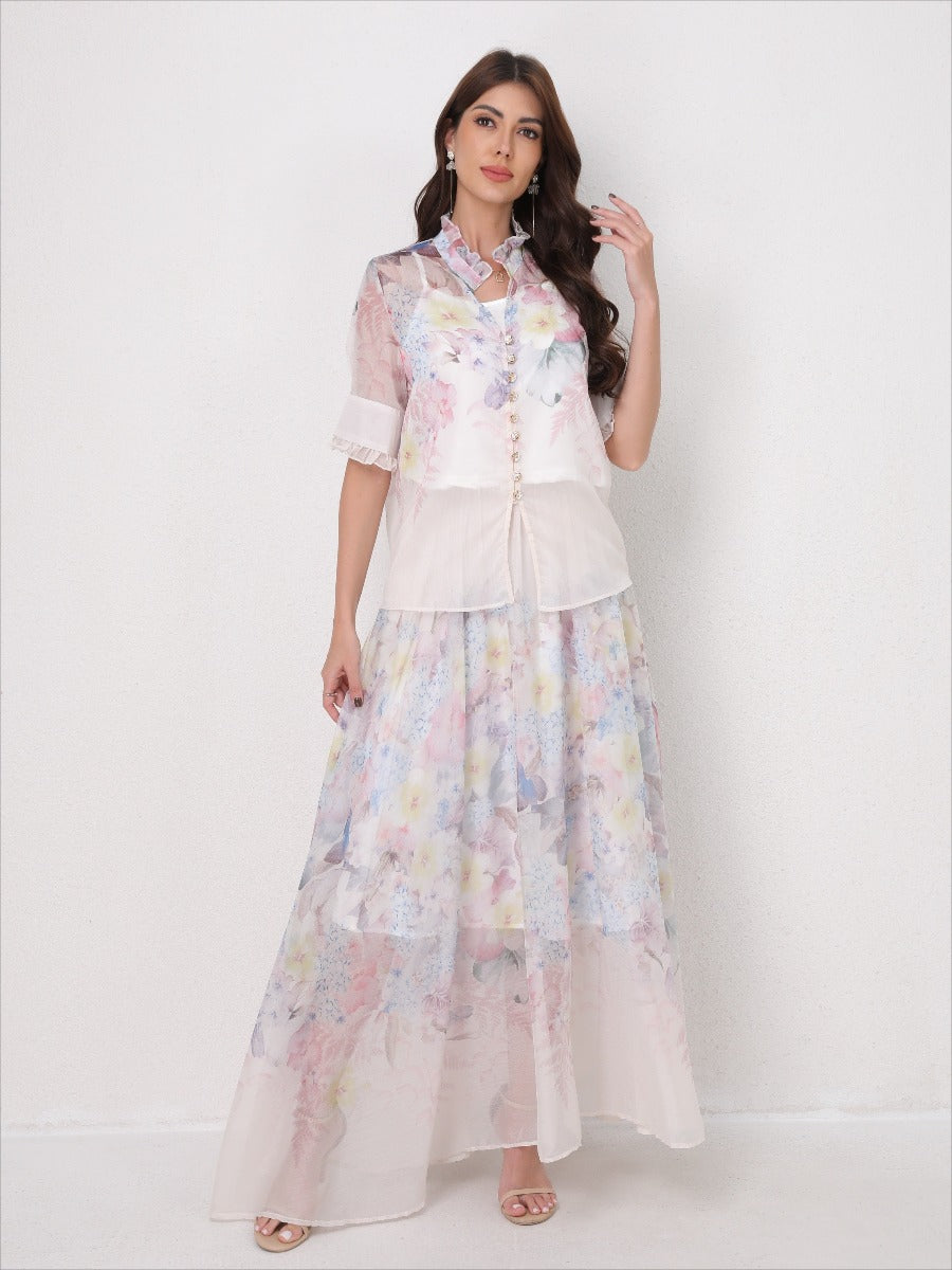 Lightweight Elegant Set Short Sleeve Blouse+Midi Skirt