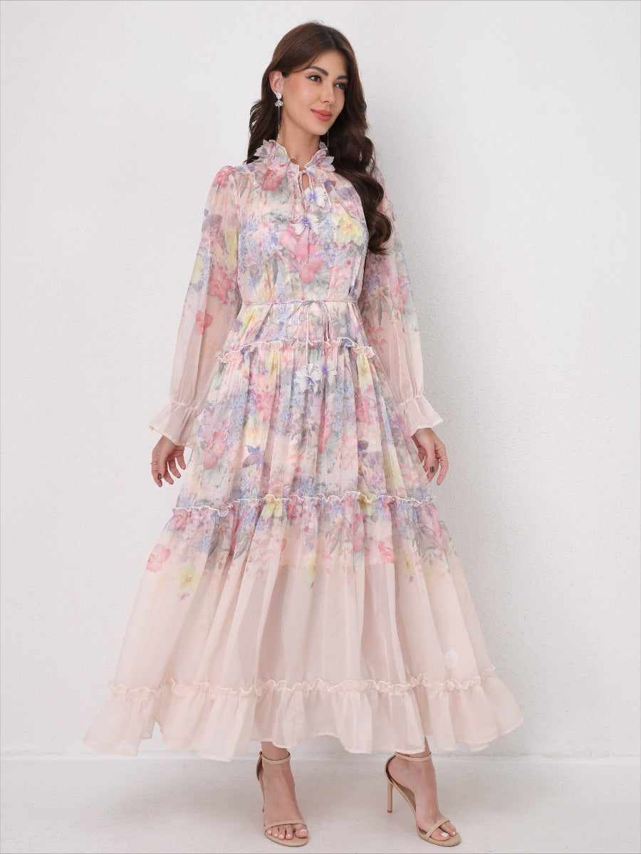 Tie-Waist Long Sleeve Flowy Maxi Dress