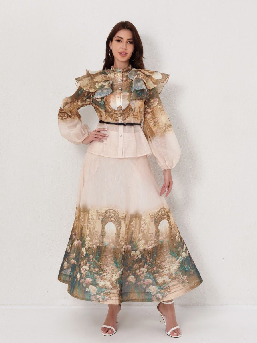 Printed Lantern Sleeve Blouse Puff Skirt Set