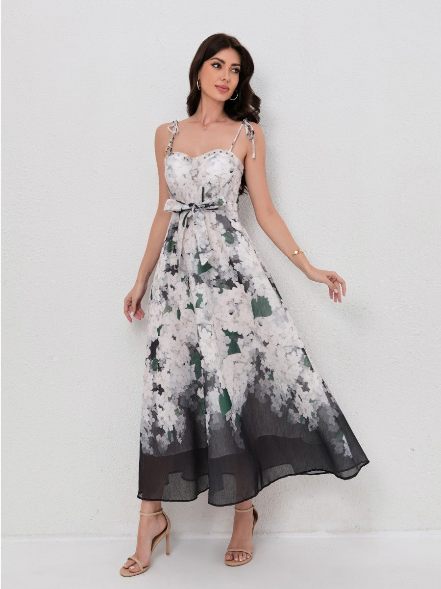 Fashion Print V-Neck Sling Dress with Waist Tie