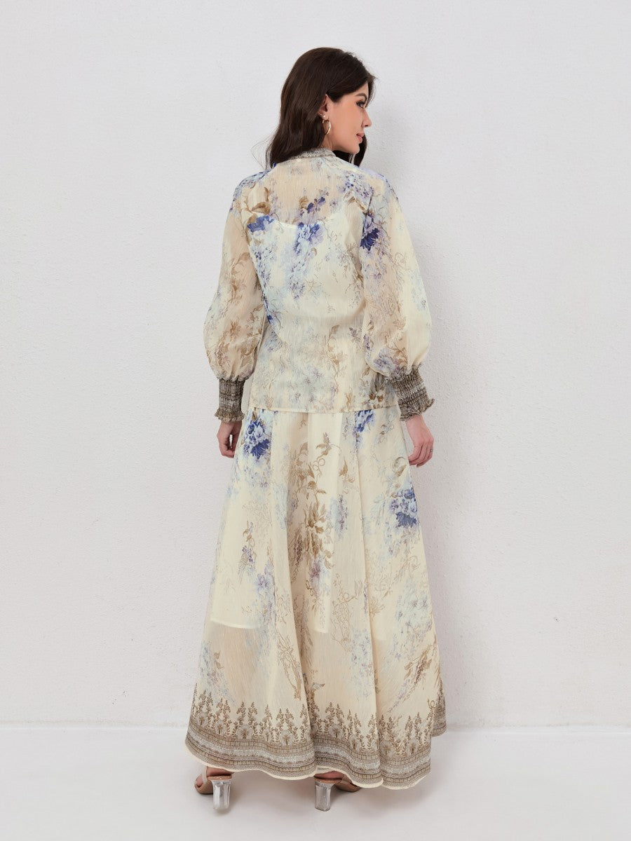 Floral Print Long Sleeve Shirt Matching Maxi Skirt Set