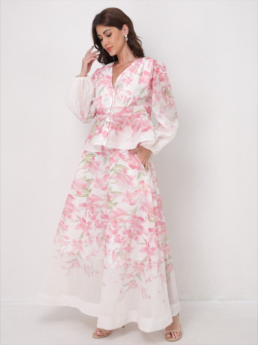 V-Neck Beaded Ruffle Top Midi Skirt Set