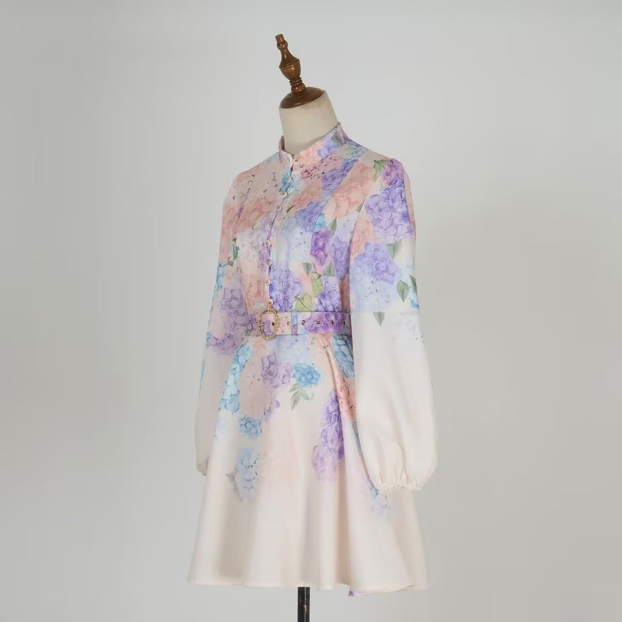 Stand Up Collar Lantern Sleeve Floral Print Dress