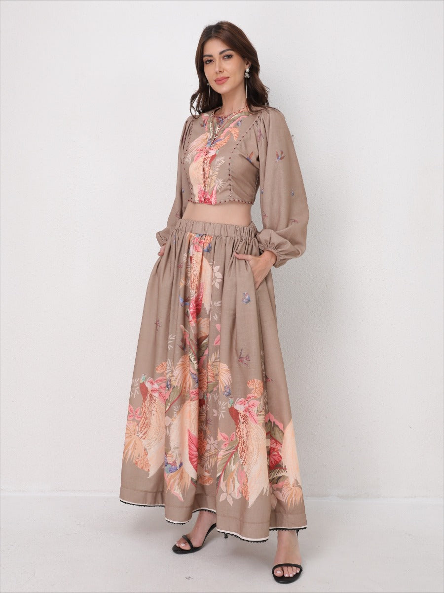 Vacation Floral Print Set Lantern Sleeve Shirt + Midi Skirt